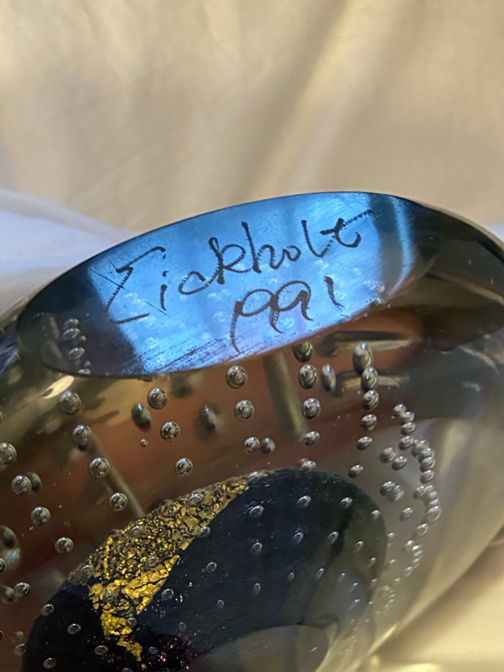 Autographed, Handblown Glass Art Paperweight with Gold and Blue Orb